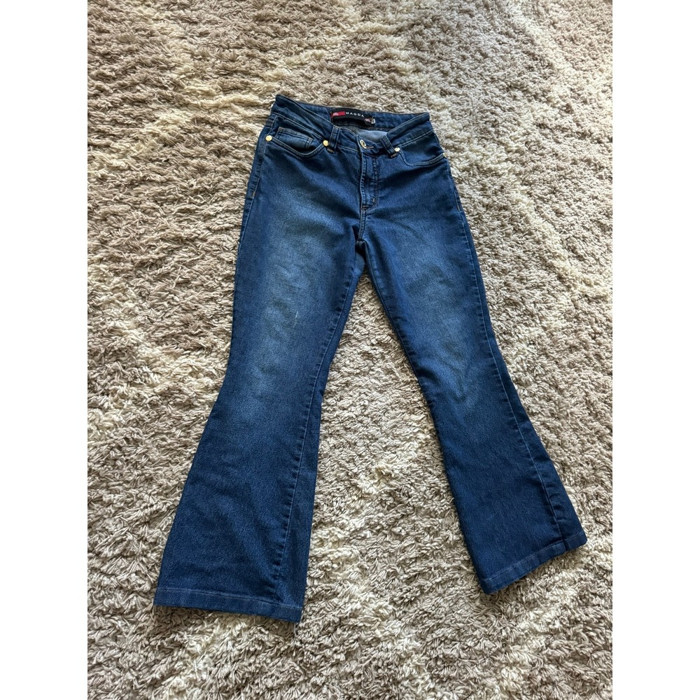 Magdal Dark Wash Flare Leg Jeans Mid Rise Denim Size 38 US 4-6 Bootcut Indigo - Picture 2 of 9